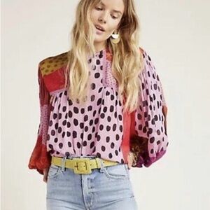 BLANK London Anthropology Pink & Chartreuse Polka Dot Peasant